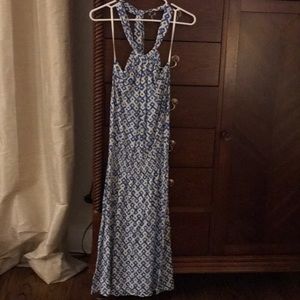 Blue and white print halter midi dress